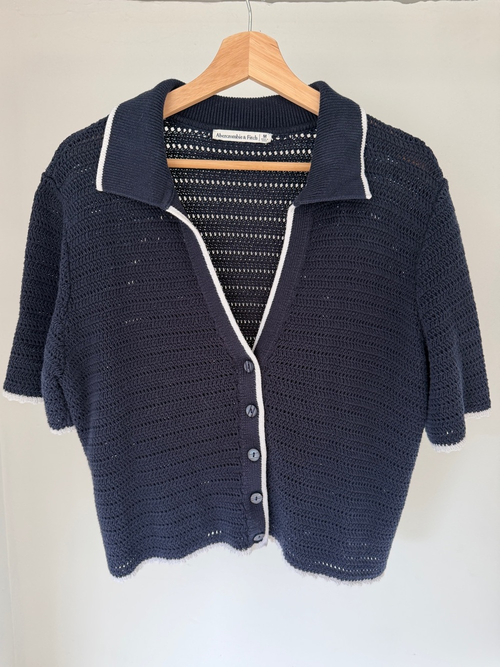 Abercrombie & Fitch Navy Short-Sleeve Open Knit Cardigan with White Trim Medium